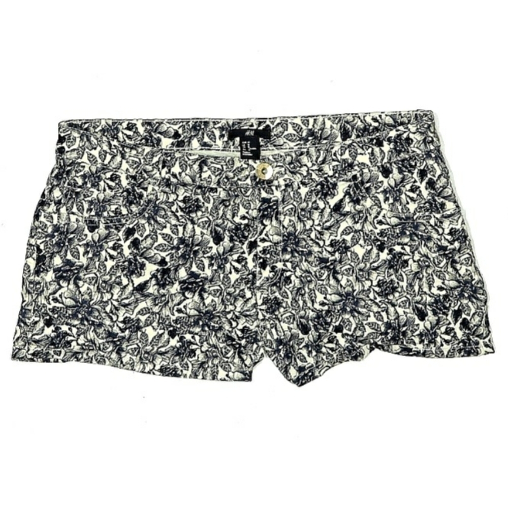 H&M Floral Print Denim Jean Shorts Women's 12 Blue White Booty Sexy Summer EUC